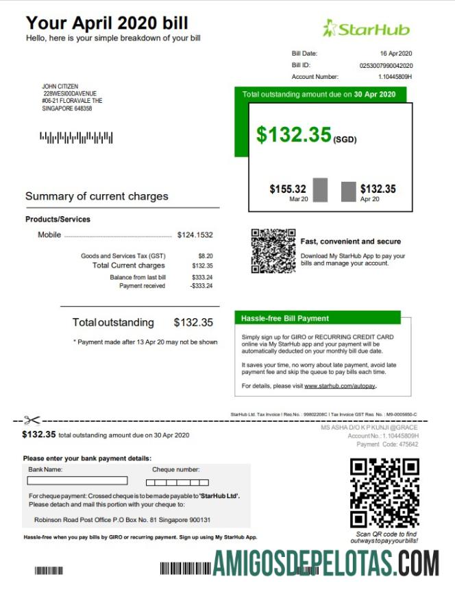 Em branco modelo de conta de serviços públicos StarHub de Cingapura em formato Word e PDF
